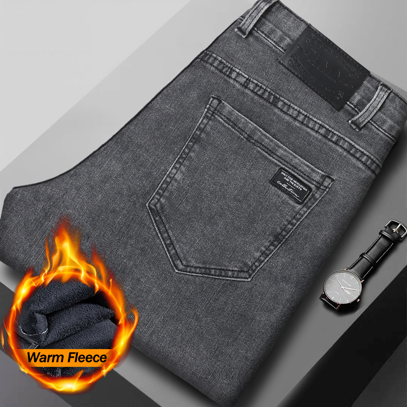 Men'S Fashion Grey Jeans - Heren winterfleece warme zwarte grijze jeans